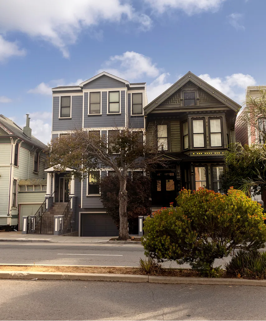 Two historic houses with trees in front